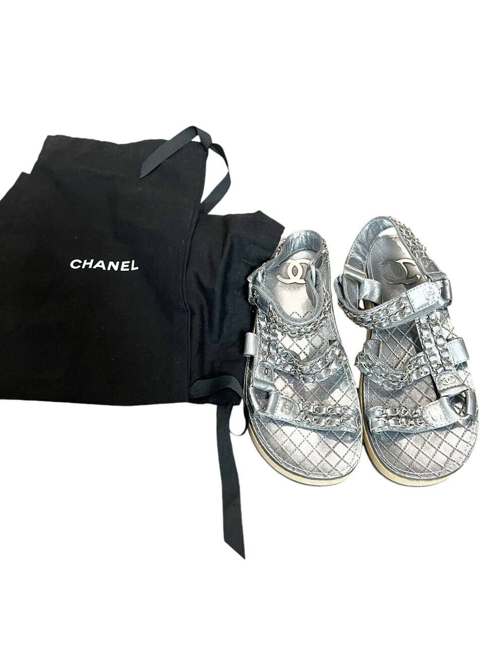 CHANEL Silver Metallic Lambskin Leather Chain Flat Platform Sandals 5.5